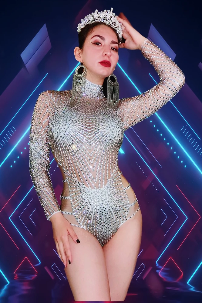 

Sparkly Silver Full Rhinestones Long Sleeve Bodysuit Birthday Prom Fashion Skinny Outfit Nightclub Singer Dancer Stage Costume