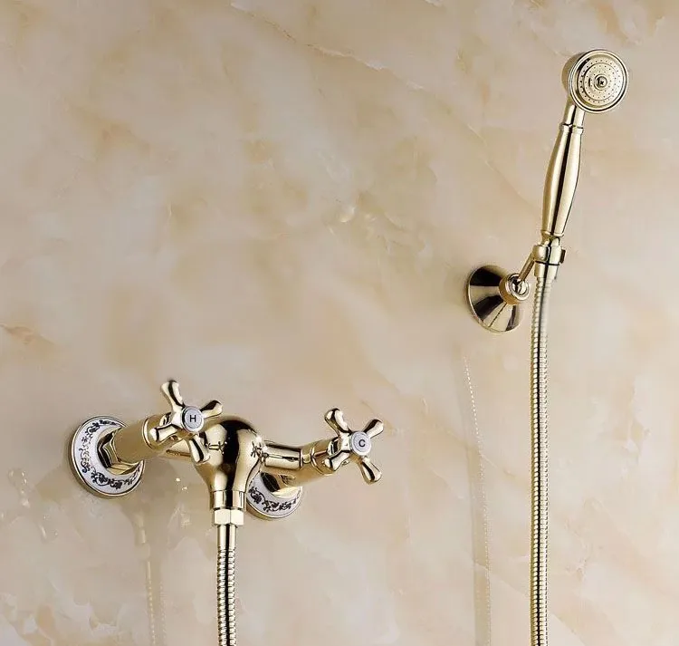 

Shower Faucets Gold Color Brass Ceramics Bathtub Faucets Rain Shower HandHeld Bathroom Wall Mount Shower Mixer Tap Ltf399