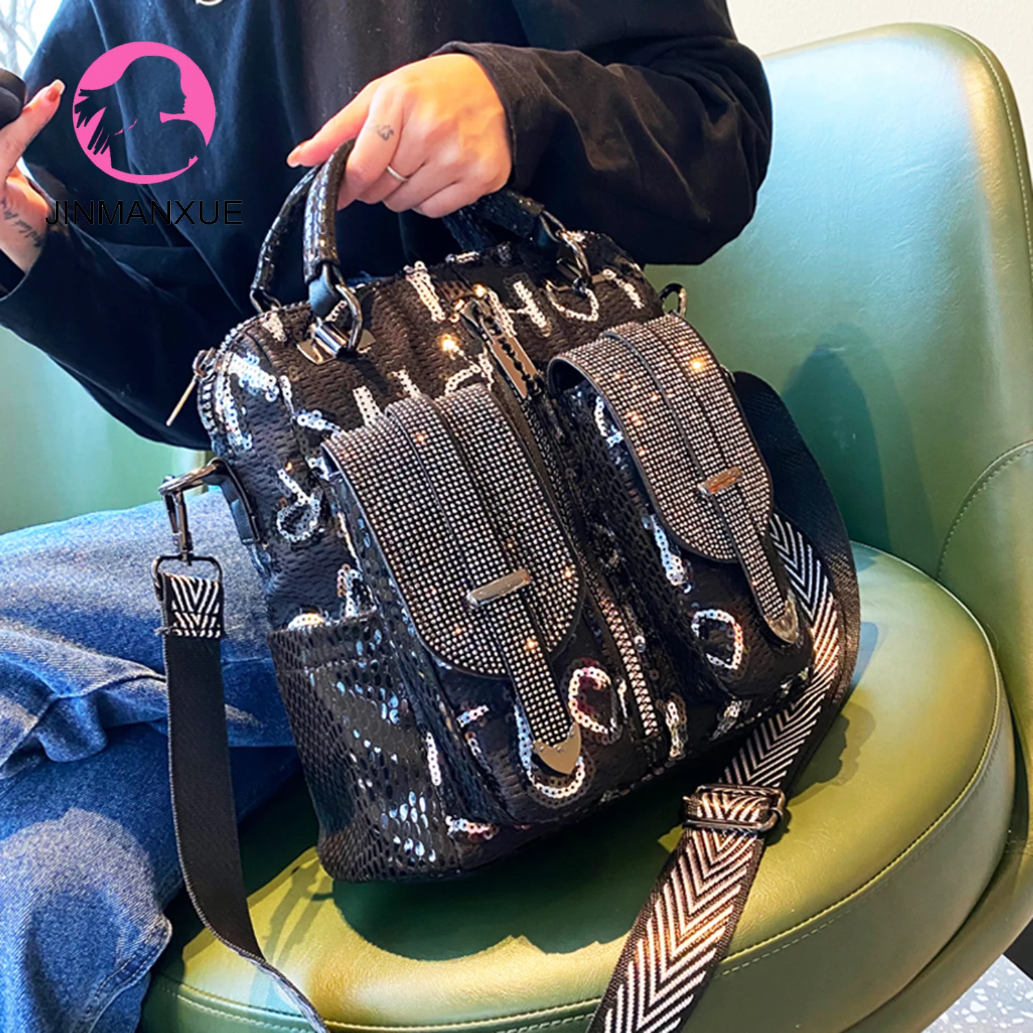 

Hot Rhinestone Fashion Backpack Women Handbags All-match Sequined Rhinestone Bag Three-purpose Rucksack Shoulder Crossbody Bags