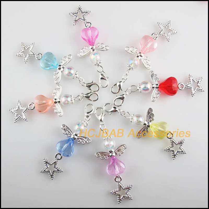 

8 New 21.5x33mm Angel Charms Mixed Heart Acrylic Silver Plated Star Retro With Lobster Claw Clasps