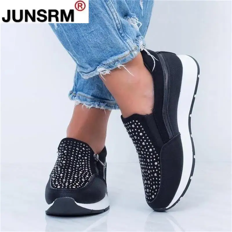 

New Women Crystal Sneakers Spring Autumn Casual Zipper Flat Shoes women Non-slip Breathable Outdoor Vulcanized Shoes woman