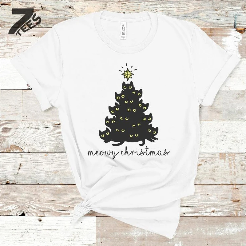 

Meowy Christmas Cat Beard Print T-shirt Cute Women Holiday Gift Tshirt Funny Winter Graphic Tops Tees Funny Merry Christmas Tops