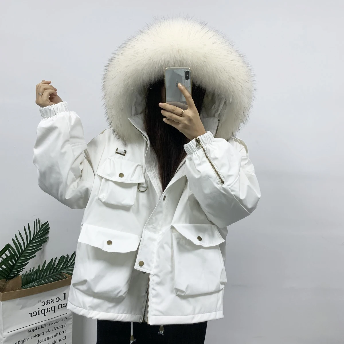 Пуховик женский зимний на белом утином пуху с капюшоном большой размер 2021 |