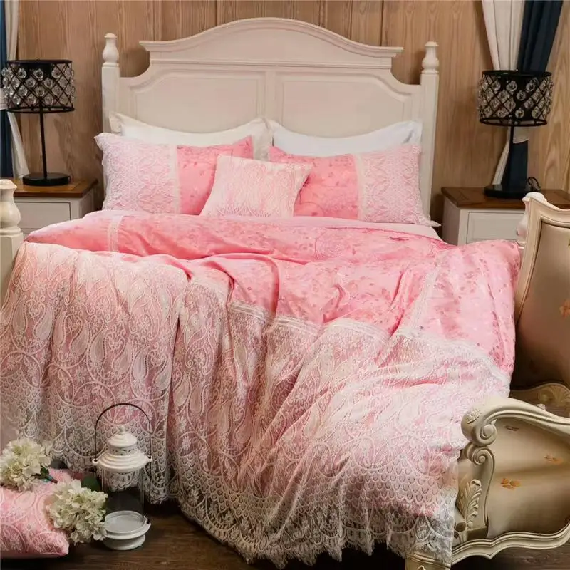 

J/6/7Pcs Silk Cotton Satin luxury lace Bedding Set Romantic Princess Duvet cover set Bedskirt Pillowcase Queen King size bed lin
