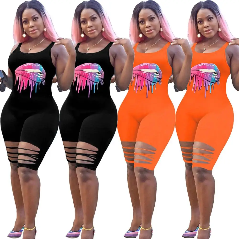 Женский комбинезон без рукавов с принтом губ Adogirl Облегающий вырезами летний