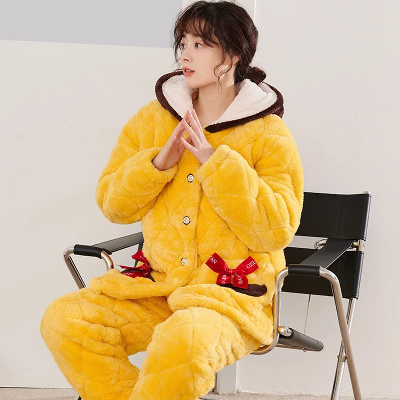 Autumn Winter New Three Layers Cotton Coral Velvet Suit Flannel Thick Warm Sleepwear Loose Casual Loungewear Women Pajamas Set
