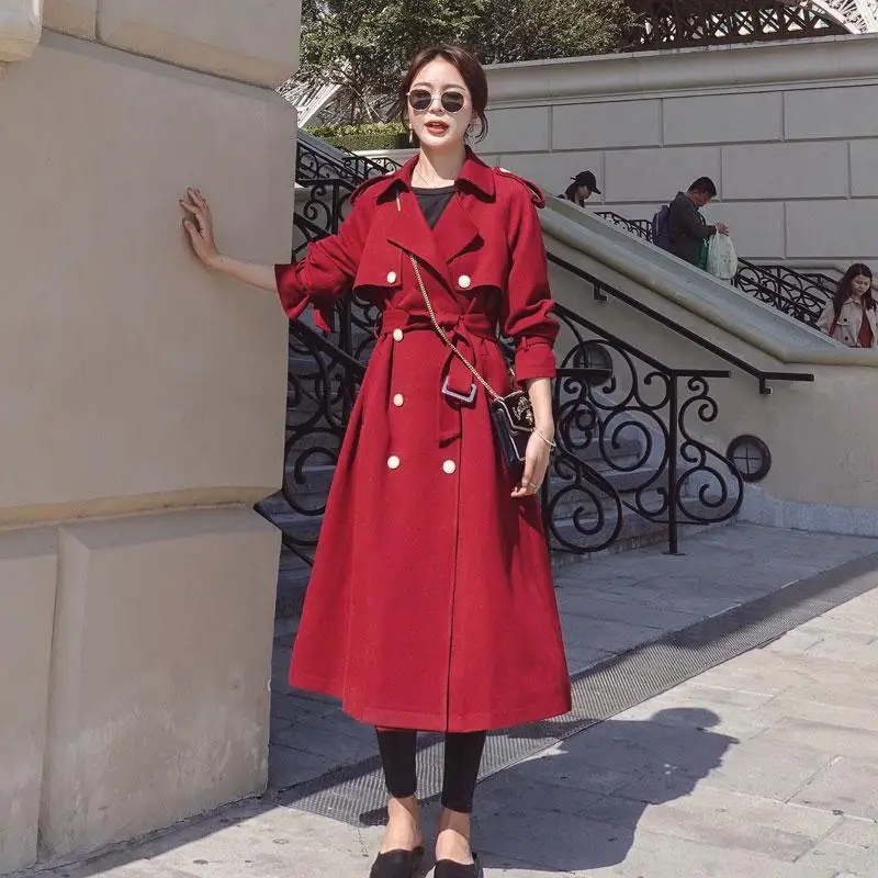 Женский тренчкот с поясом длинное двубортное пальто в британском стиле ветровка