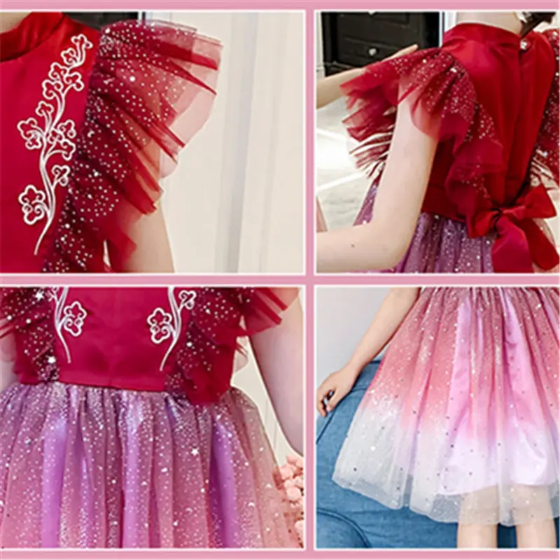 

Kids Party Dresses for Girls Sequin Dress Princess Red Blue Summer Fashion Girl's Costume Children Clothes Shining Bowknot Dress