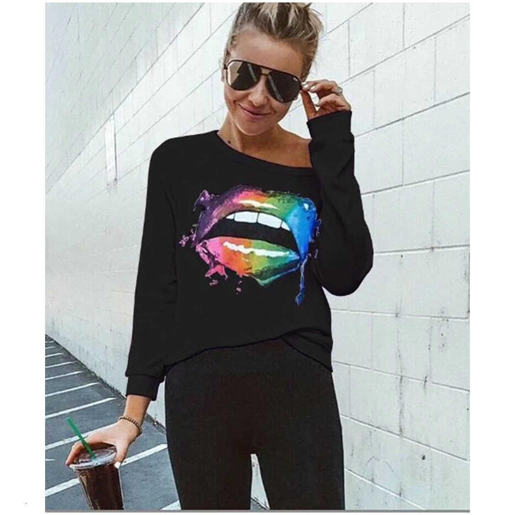 Женская футболка с принтом губ Новый Свободный Топ длинным рукавом одноцветная