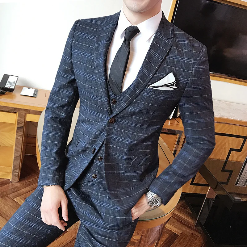 

Spot Men's Classic Plaid Suits Slim Trend Two Buttons Banquet Groomsmen Suit Three-piece Suit Wedding Jacket+Pants+Vest