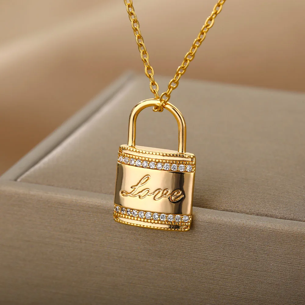 

Love Heart Lock Necklace For Women Stainless Steel Gold Chain Padlock Pendant Necklaces Couple Choker Jewerly Christmas Gift