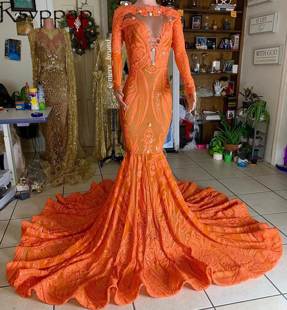 Bestellen Langarm Sparkly Pailletten African Mädchen Prom Kleider 2021 Entwickelt Perlen Sheer Top Orange Meerjungfrau Lange Prom Kleid