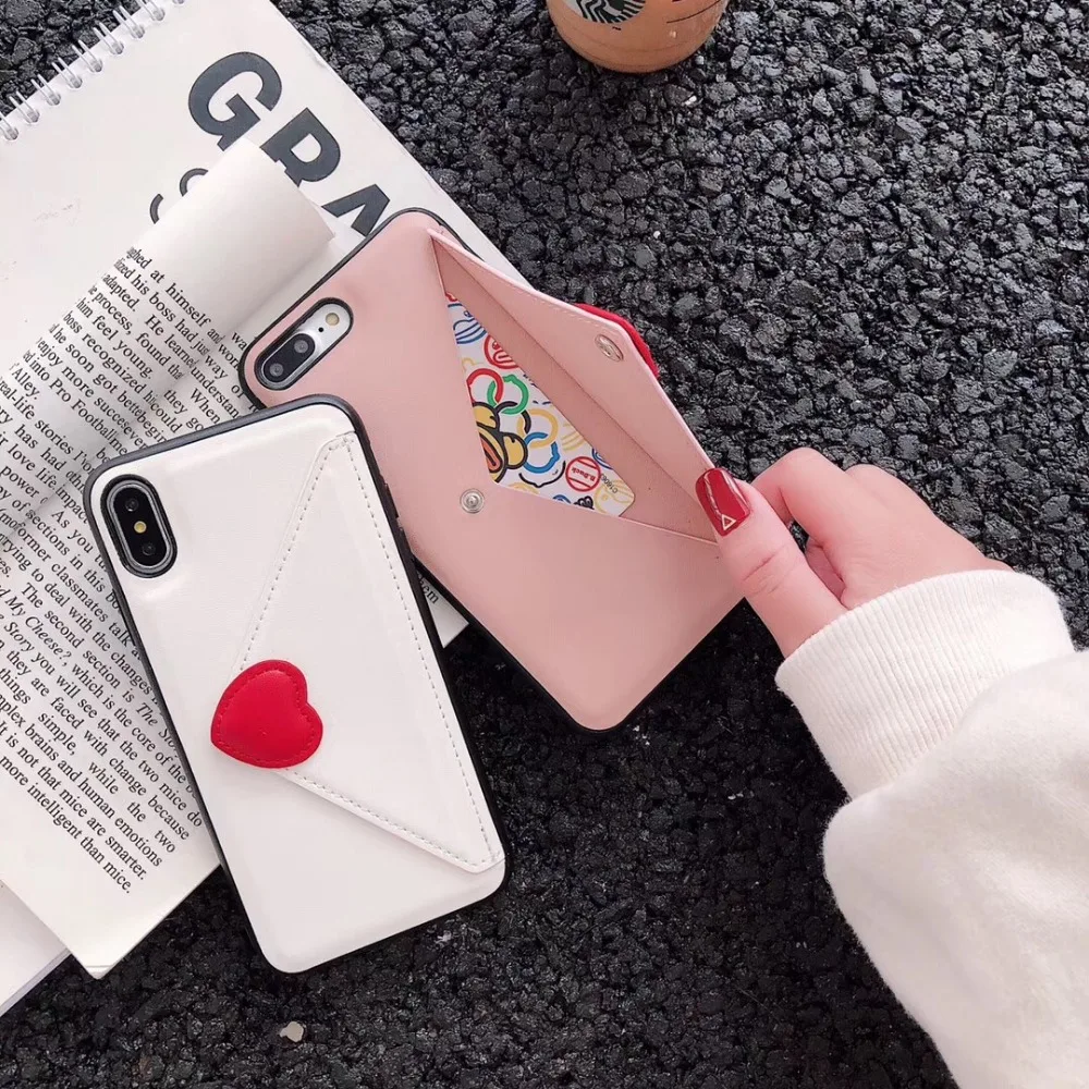 Love Heart Envelope Phone Case for iPhone 6 7 8 Plus X XS XR Max Wallet Leather Soft Shell Cover Coque | Мобильные телефоны и