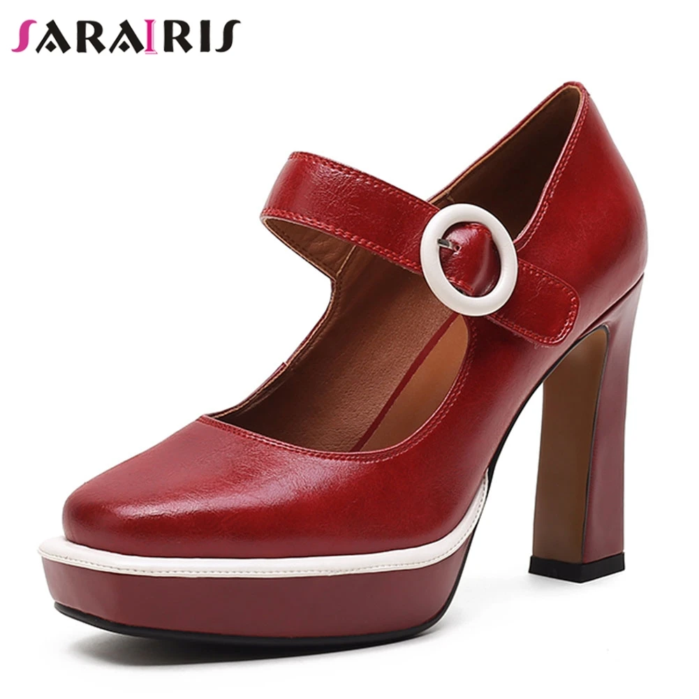 

SaraIris Elegant Genuine Leather Pumps Women Square Toe Buckle Strap Solid Women Pumps High Heel Platform Brand women's Shoes