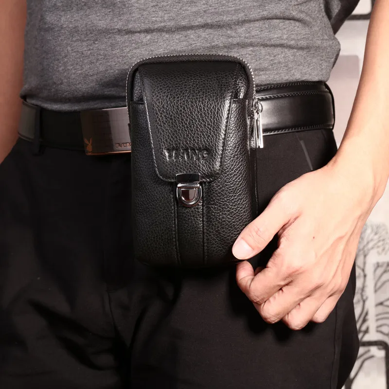 Мужская поясная сумка из натуральной кожи кошельки на двойной молнии с замком
