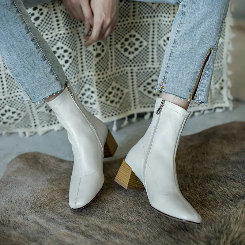 

Elegant Women square Toe Ankle Boots Warm Genuine Leather Female Chelsea Short Boots Office Party Basic Shoes Woman