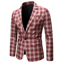 Single Button Men Blazer Lapel Casual Long Sleeve Plaid Print Suit Coat Workwear (1)