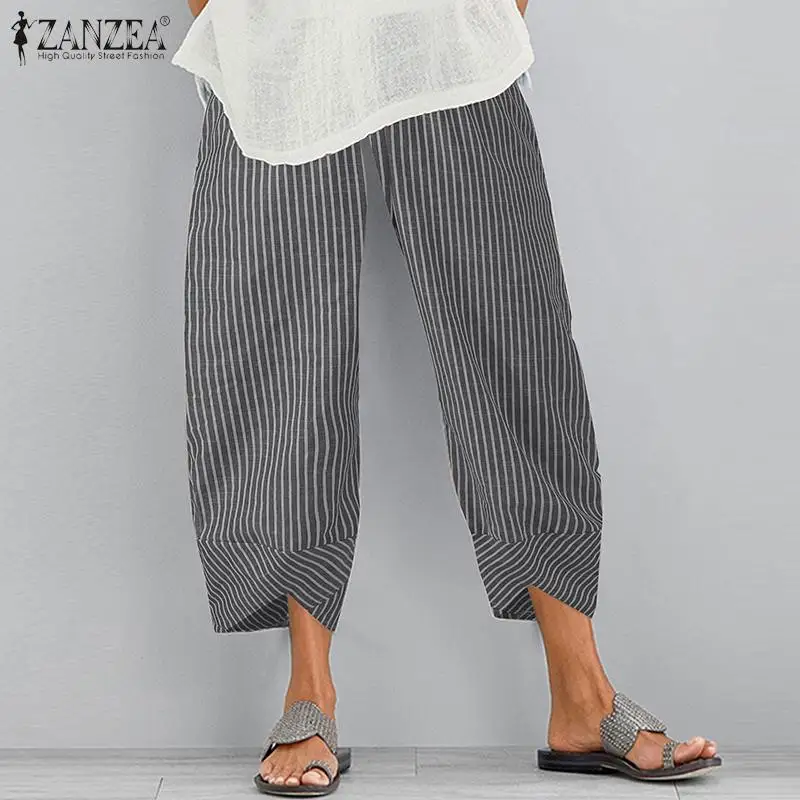 

2021 Summer Printed Harem Pants ZANZEA Vintage Cotton Long Pantalon Women Casual Elastic Waist Turnip Trousers Female Cropped