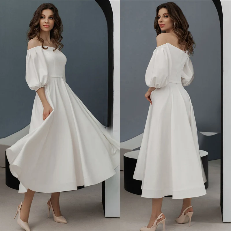 

Satin Bare Shoulders Wedding Gowns Half Lantern Sleeves Custom Made Simple Drop Ship Zipper 2021 Plain Tea Length Bridal Dress