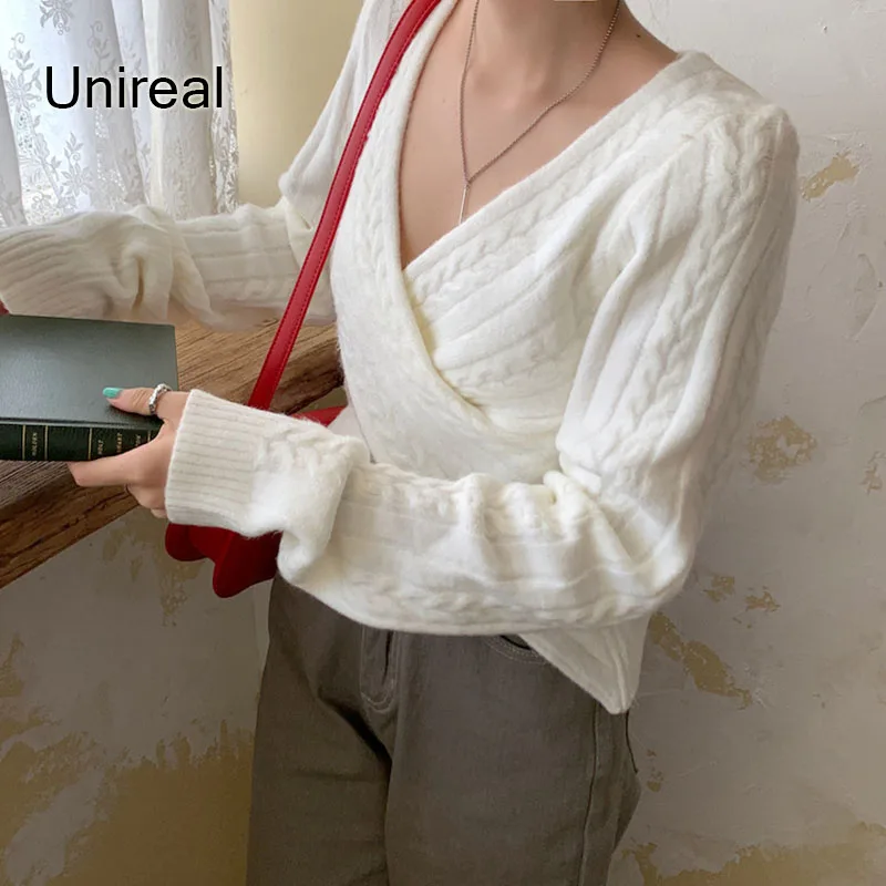 

Unireal 2021 Autumn Winter Sexy Sweaters Jumpers Knitted Pullover Long Sleeve Casual Solid Women Sweater