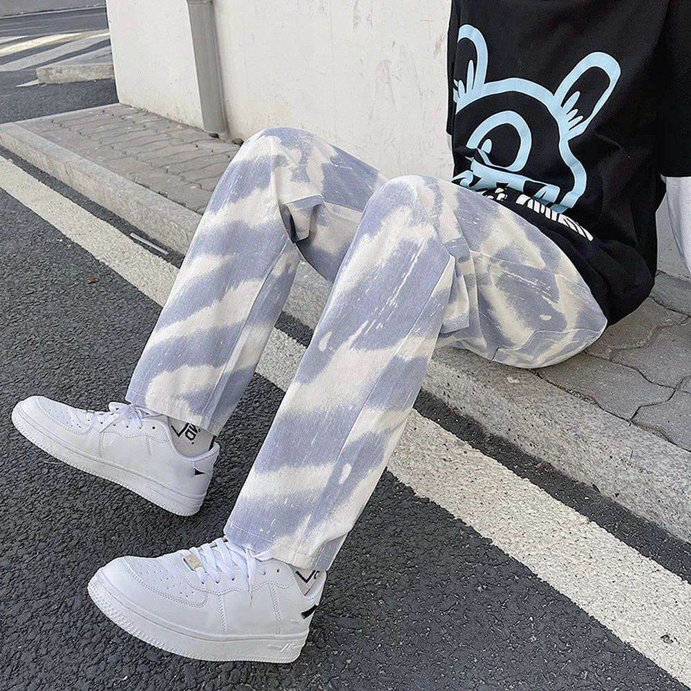 2021 New Tie-dye Jeans Men's Trend Hip-hop Street Elastic Waist Denim Pants Sports Wide-leg Pants Purple Stripes Trousers