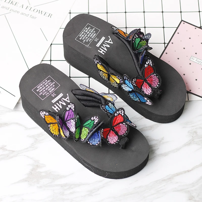Fashion New 2022 Summer Handmade Butterfly Slippers Solid Platform Sandals Wedges Footwear Beach Outside Women Flips Flops