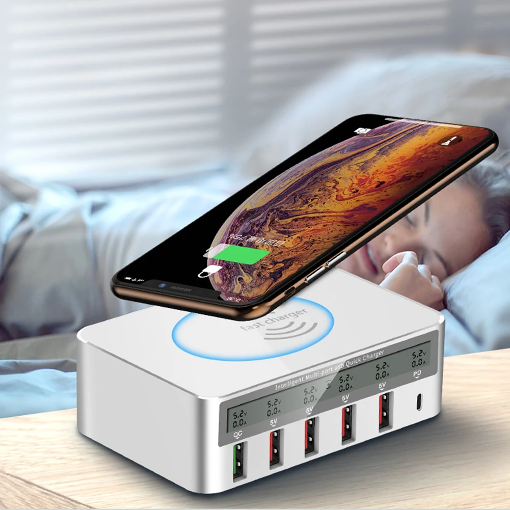 

6 Port 8A QC 3.0 USB Charger Type C Wireless Charger PD18W Phone Charger for iPhone X XS Samsung S10 Huawei P30 Pro