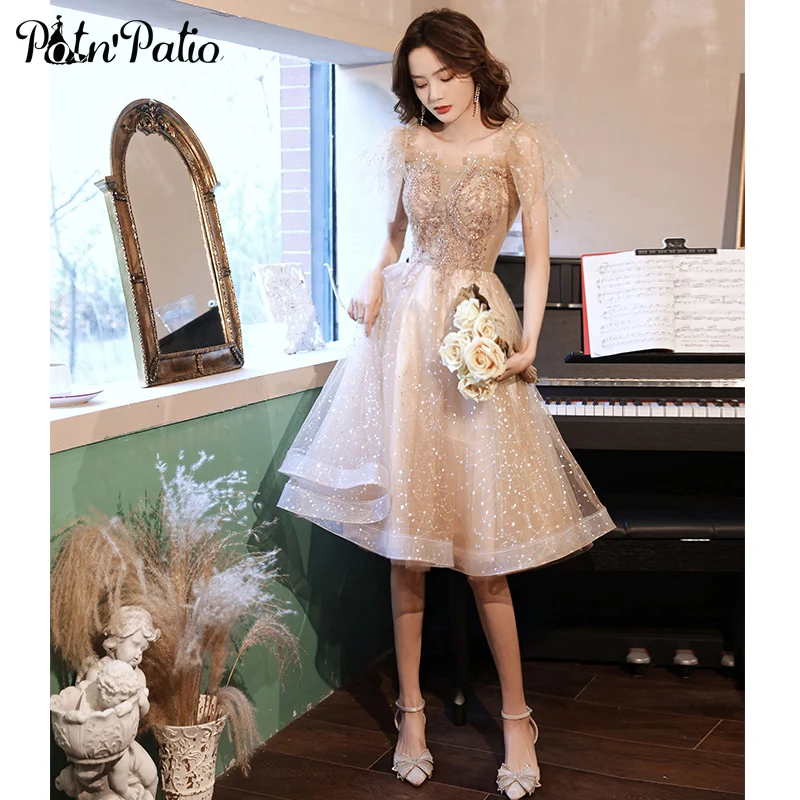 

Elegant Off The Shoulder Sequin Tulle Short Prom Dresses For Birthday Party Champagne Women Formal Evening Dresses