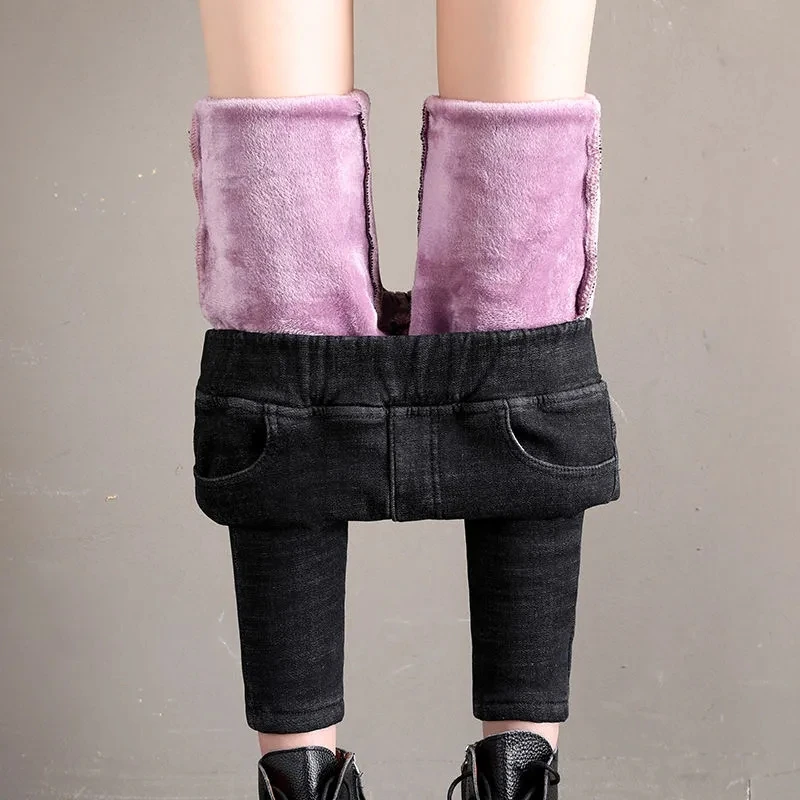 

Elastic Wasit Fleece Jeans For Women Korean Fashion Velvet Denim Trousers Warm Plus Size Skinny Stretch Jeans Winter Pencil Pant
