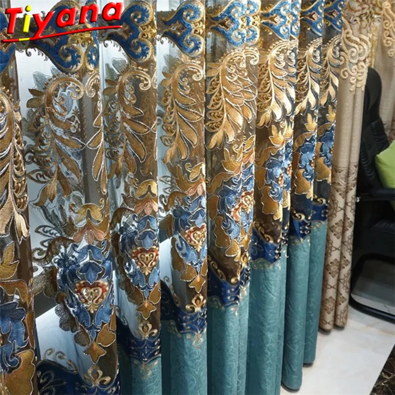

Luxury embroidery Tulle Curtains for Living Room Hollow Blue stitching Chenille Hollow Window Drapes for Bedroom X-HM634 *VT