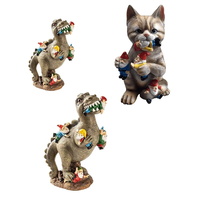 

Garden Ornament Landscaping Cats/Dinosaurs Eat Dwarfs Statue Resin Craft Yard Decoration Perfect Holiday Birthday Patio