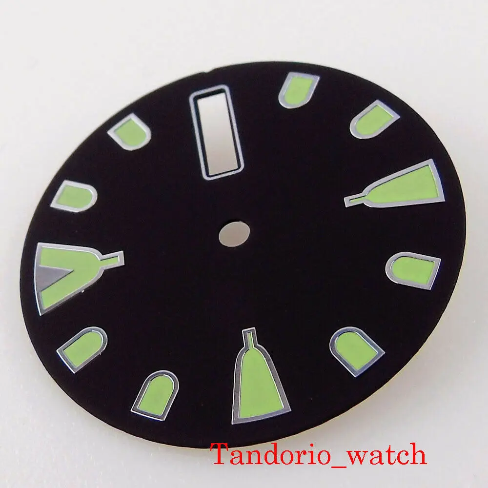 

28.5mm Sterile Black Watch Dial Green Marks with Weekday/Date Window Fit for NH36 Movement