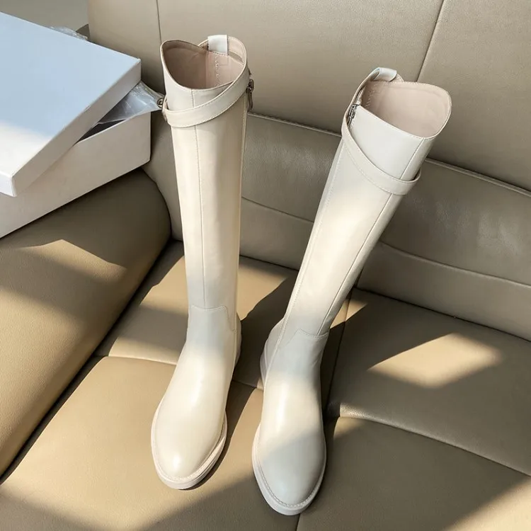 

MLJUESE 2021 women knee-high cow leather winter zippers short plush round toe low heel boots female women boots