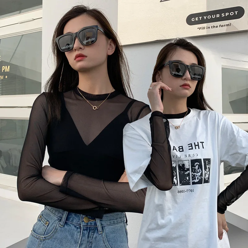 

Women Female See Through Crop Tops Solid Color Sexy Mesh Gauze Sunscreen Long Sleeve Blouse Sunshade T Shirt
