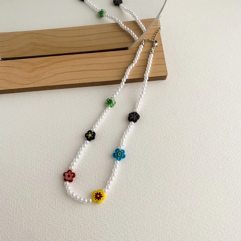 

Orgin Summer Korean Style Rainbow Flower Simulation Pearl Chokers Necklace for Women Vintage Beaded Necklace Party Jewelry