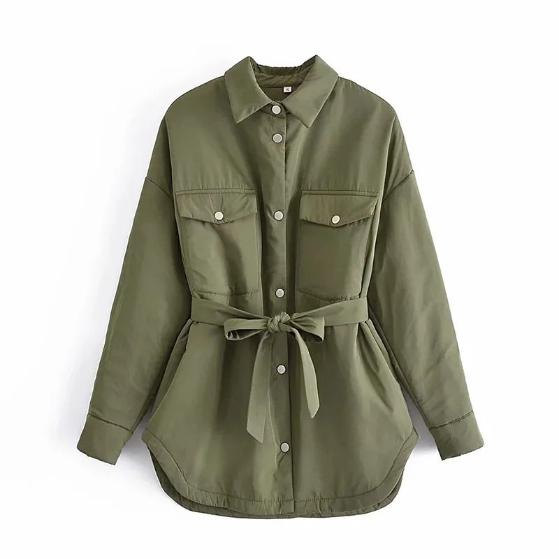 Za Women's Autumn Jacket With Belt Pocket Thin Parkas Khaki Female Winter Shirt Parka Coats Armygreen Oversized Winter Outwears