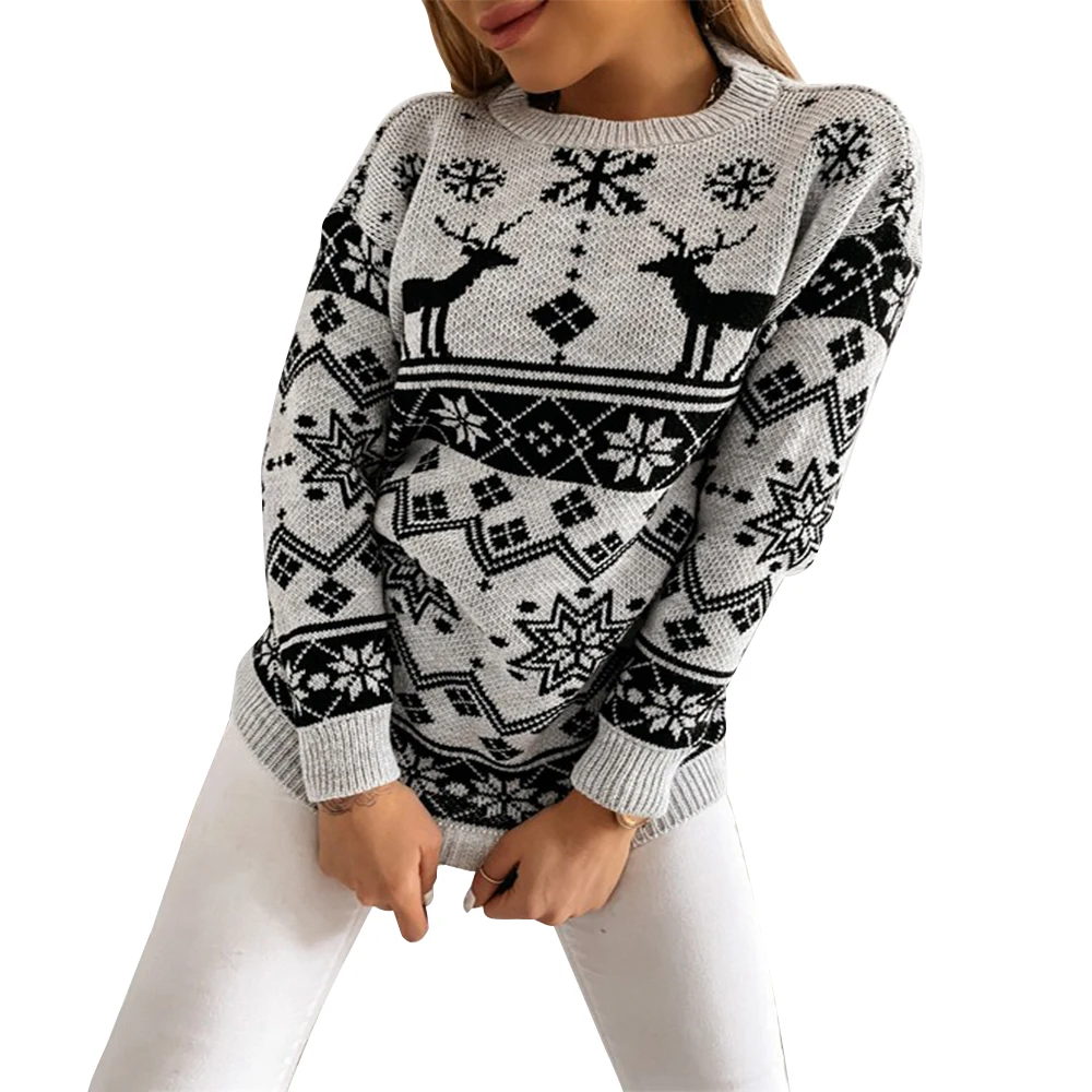 

Women Round Neck Long Sleeve Knit Sweater Jacquard Xmas Warm Ladies Home Party Knitwear Elk Geometry Snowflake Print Casual Tops