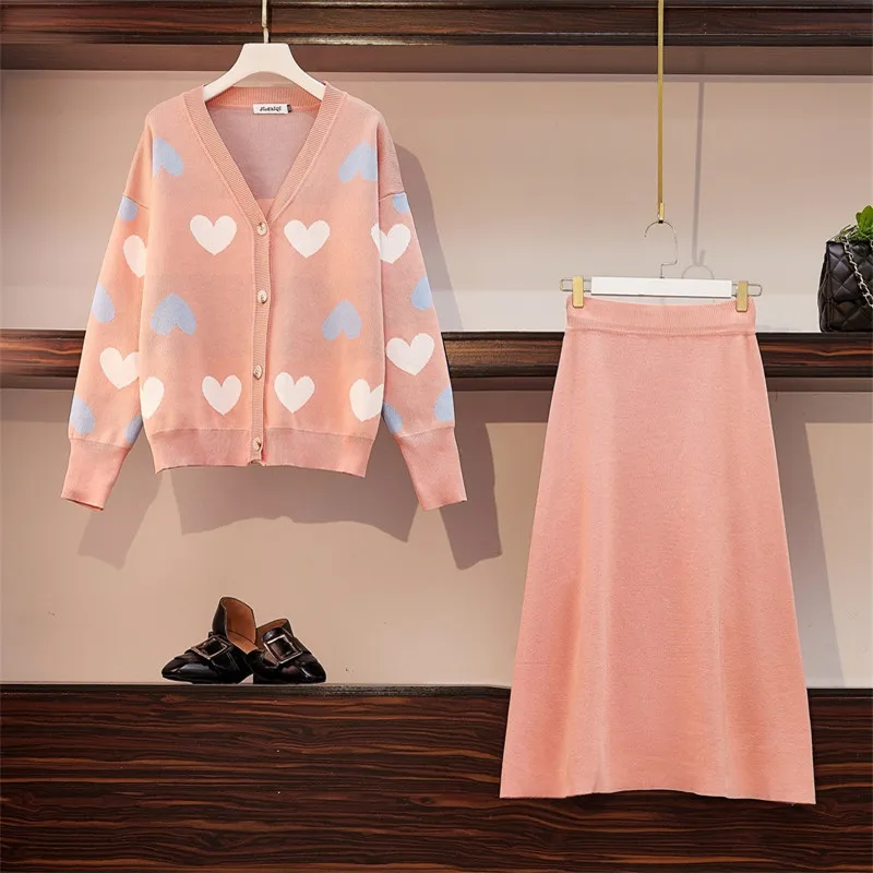 Женский вязаный комплект из двух предметов Свободный кардиган с сердечками и