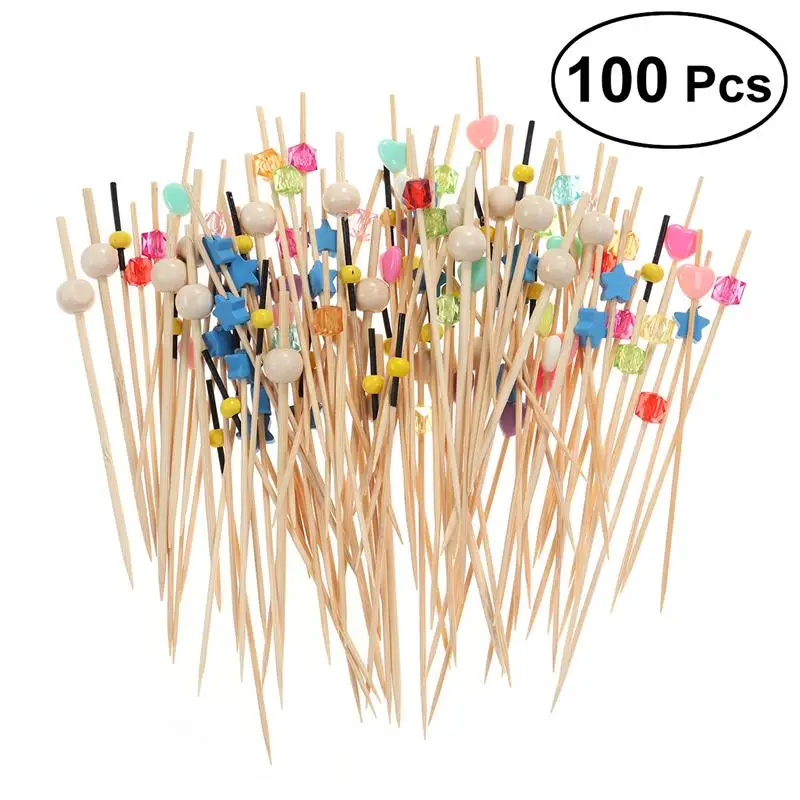 

100pcs Food Picks Cocktail Fruit Appetizer Drink Picks Sticks Disposable Wood Toothpicks Party Supplies (Assorted Patterns)