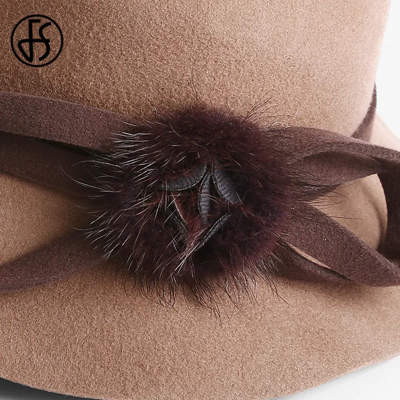 FS шерстяная фетровая шляпа в стиле ретро для женщин зимняя котелок с цветочным