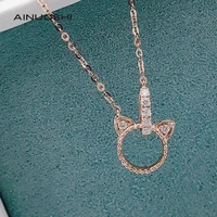 ainuoshi handmade 18k rose gold round cut 0 08ct real diamond adorable animal ear necklace fashion trendy jewelry for women 18