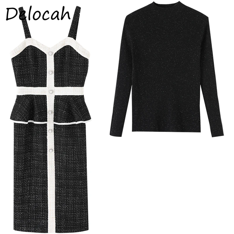 

Delocah Summer Women Fashion Designer 2 PiecesSet Long Sleeve Knitting Tops + Sexy Cami Patchwork Midi Dresses Two PiecesSuits