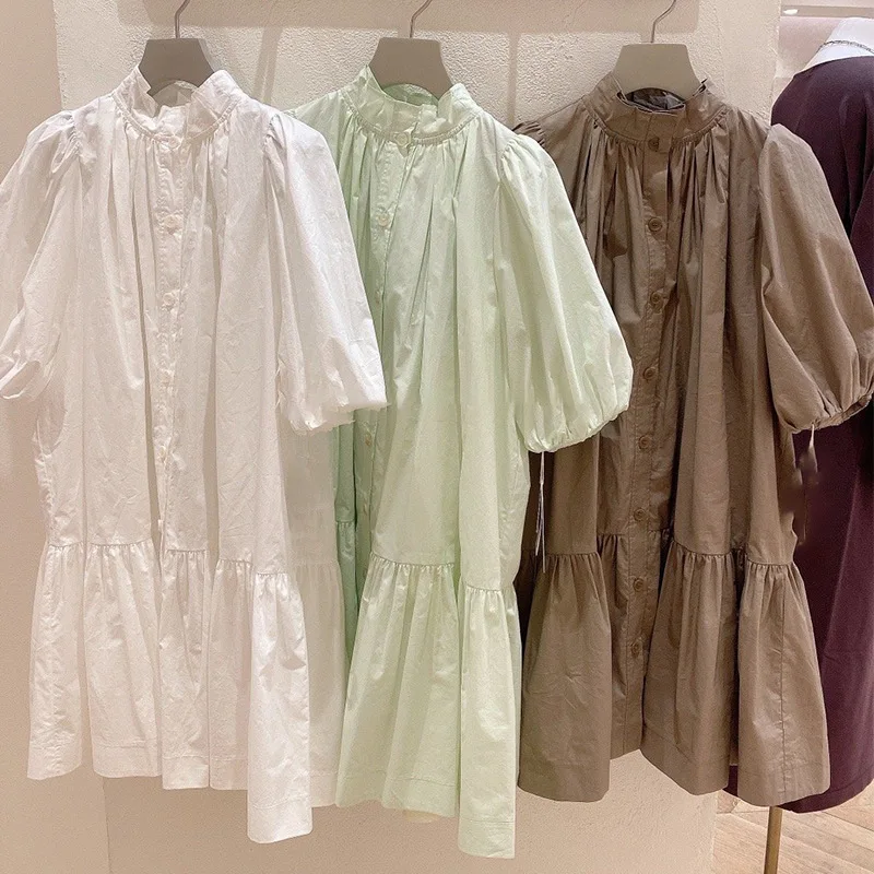 

2021 Puff Short Sleeve Stand Collar Summer Loose Women Dress Simple New Ruffles Solid Vestido Mujer All Match Mini Dresses