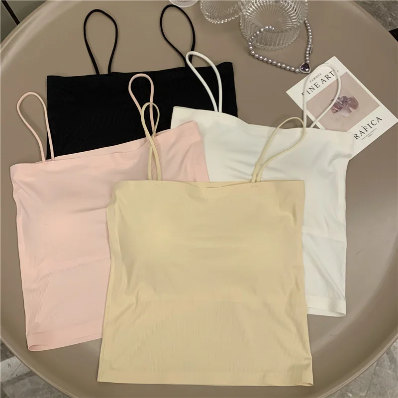 Шелковый топ на бретельках женский простой нижнее белье тонкий бесшовный без