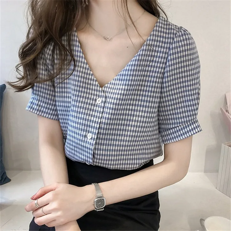 

2020 Summer Blouse Women V-neck Blouse Plaid Tops