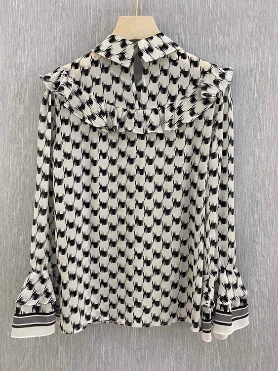 

2020 autumn and winter new women's lapel beaded chain streamers decorative printing long-sleeved fashion all-match shirt 1202