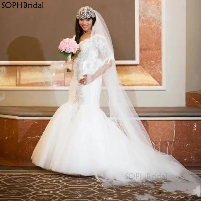 

New Arrival Luxury African Mermaid Wedding Dresses V Neck Lace Half Sleeve Appliques Beads Girls Wedding Gowns Robe de Mariee