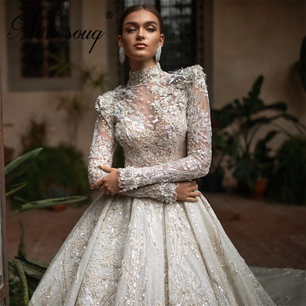 Gorgeous Long Sleeves Wedding Dresses Robe De Mariee 2021 Beading Pearls Handmade Dubai Haute Bride Dresses Muslim Arabic Bridal