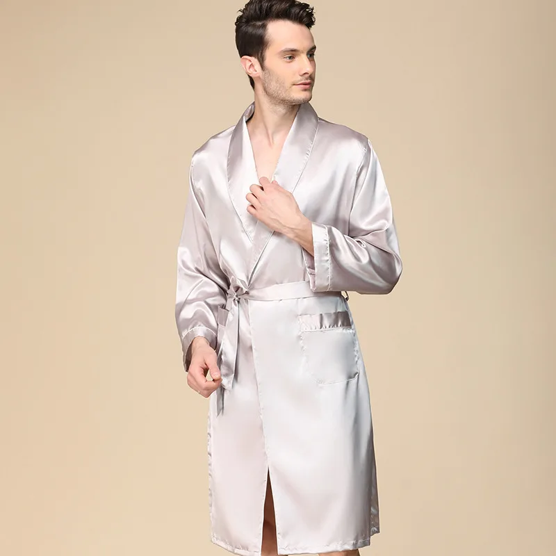 

Oversize Spring Silk Long Sleeve Nightgown Bathrobe Kimono Homewear Bath Gown Male Sexy Rayon Men Solid Color Sleepwear