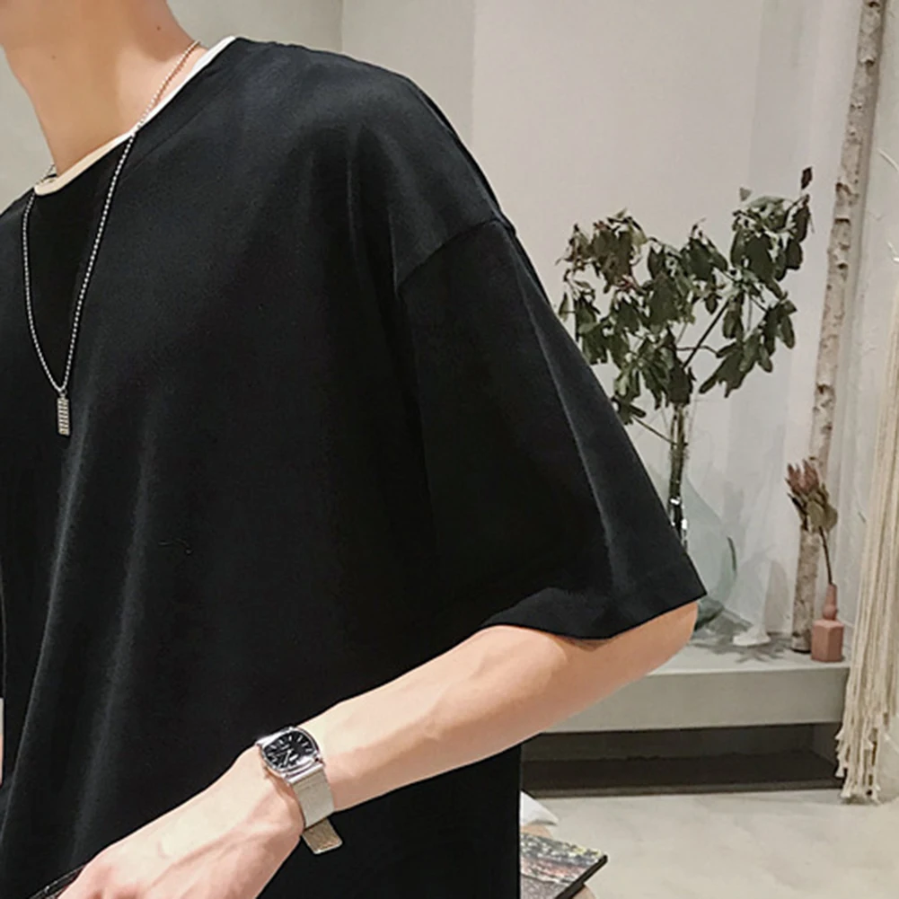 

Spring Autumn Solid Long Sleeve T-shirts Men Short Sleeve Round Neck Loose Patchwork Blouse T-shirt Tee Top Comfortable T-Shirts